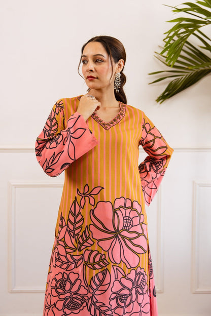 Bakul Apricot Printed Kurta Pant Set