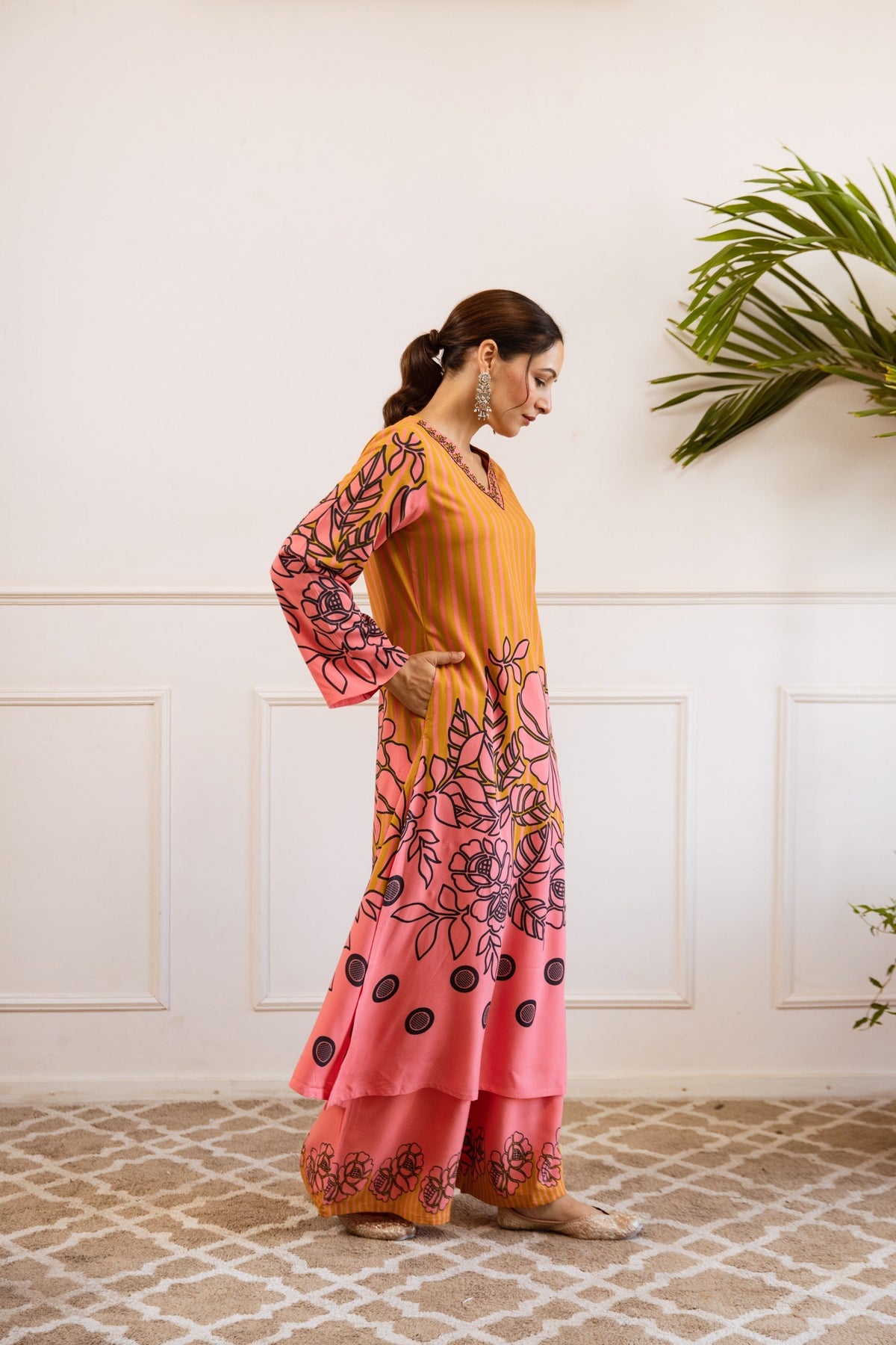 Bakul Apricot Printed Kurta Pant Set