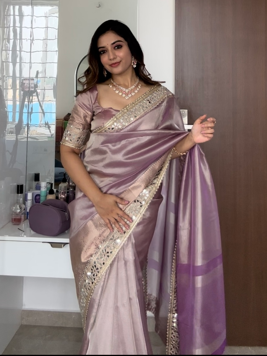 Dhiyona HH Lilac Purple Banarasi Rajkumari Mirror Work Tissue Silk Saree