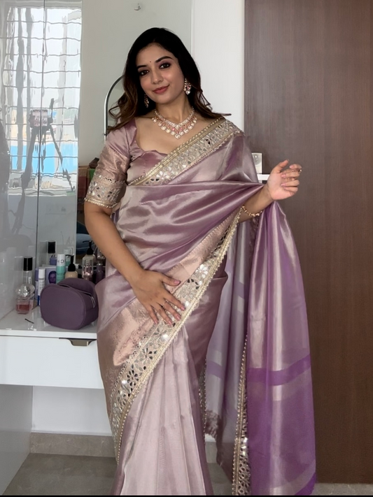 Dhiyona HH Lilac Purple Banarasi Rajkumari Mirror Work Tissue Silk Saree