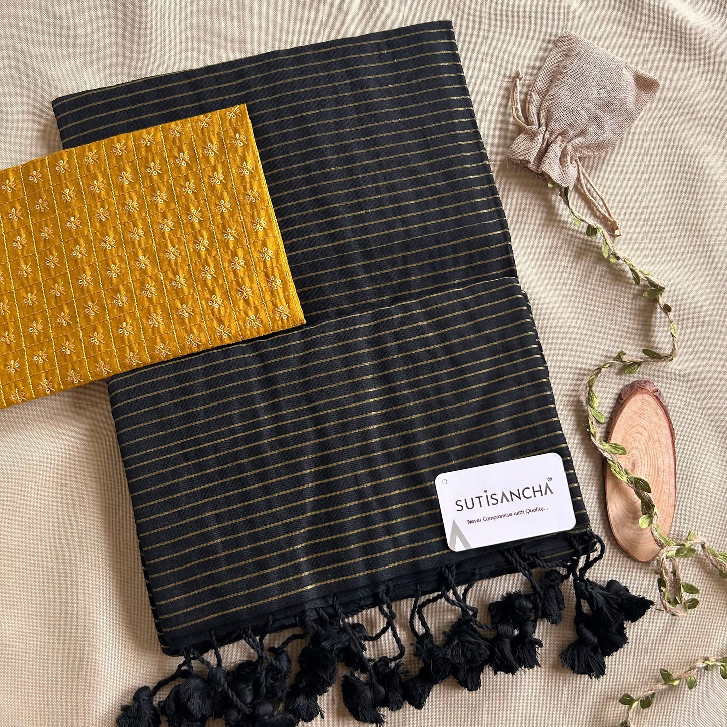 Dhiyona SS Sutisancha Black Stripe cotton Saree designer work Blouse