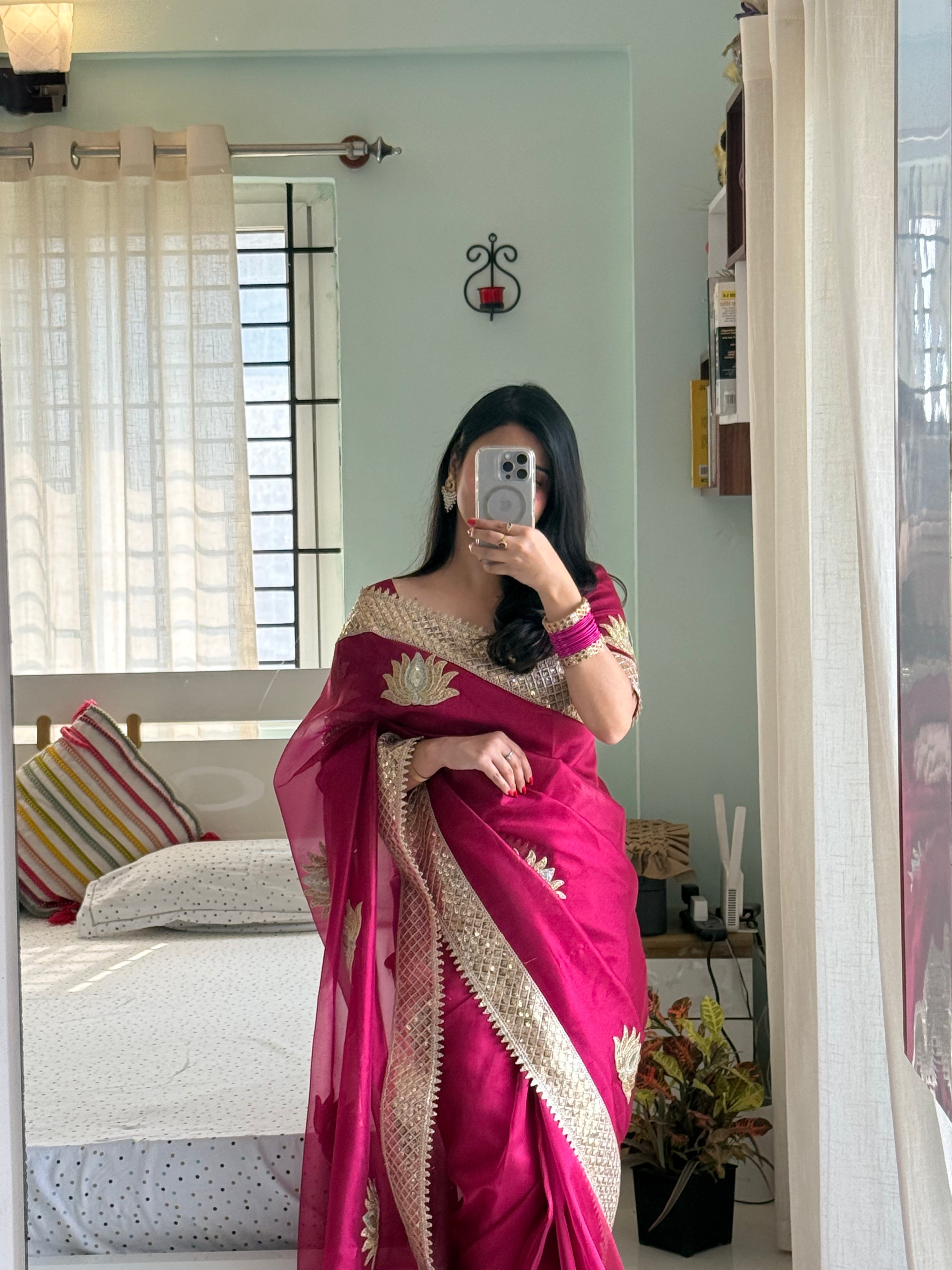Dhiyona HH Rani Pink Gulnaaz Lotus Zardozi Soft Tissue Saree