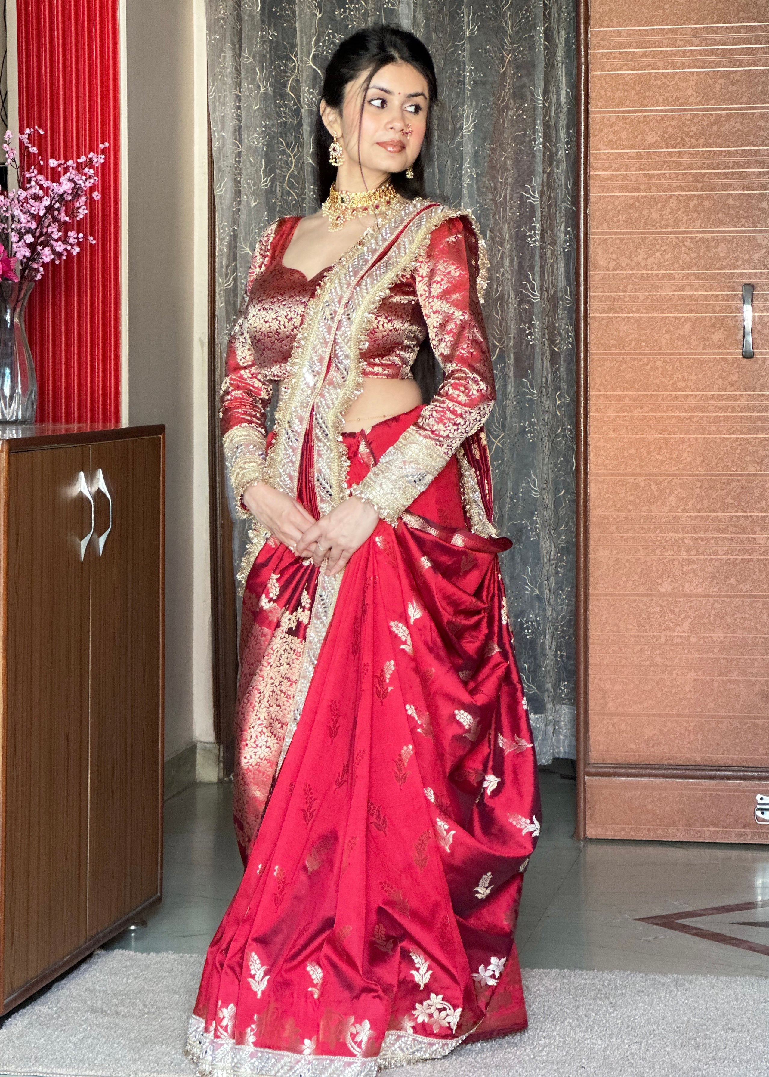 Dhiyona HH Maroon Red Banarasi Nazakat Soft-Silk Saree