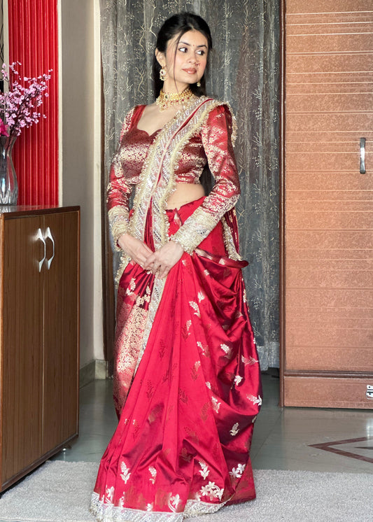 Dhiyona HH Maroon Red Banarasi Nazakat Soft-Silk Saree