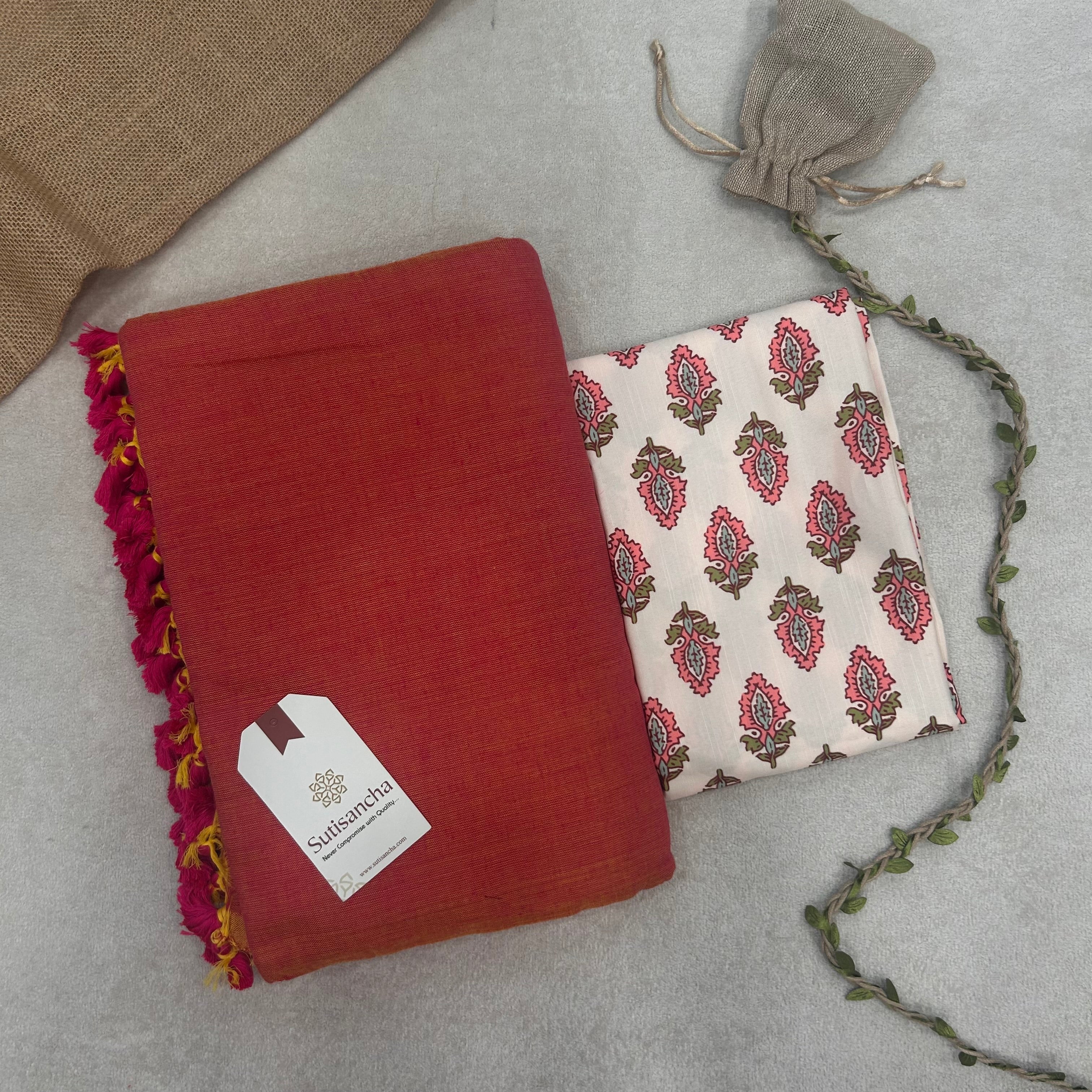 Dhiyona SS Sutisancha Peach Handloom Cotton Saree With Blouse