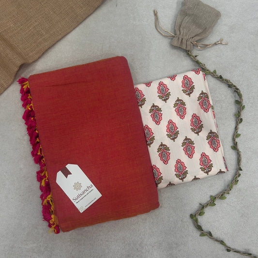 Dhiyona SS Sutisancha Peach Handloom Cotton Saree With Blouse