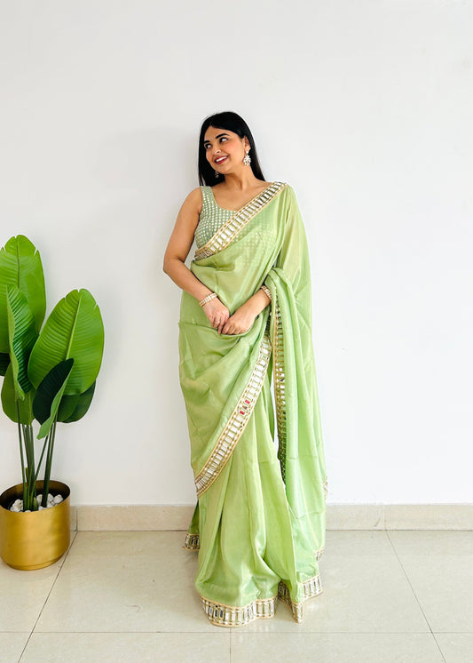 Dhiyona HH Mint Green Designer Mirror Work Pure Tissue Silk Saree | Special Edition