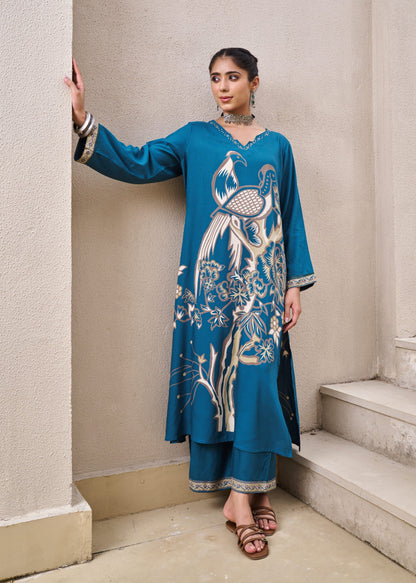 Kabool Peacock Printed Kurta Pant Set