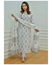 Women Light Green, Purple, White Printed Viscose Rayon Kurta, Pant And Dupatta Set