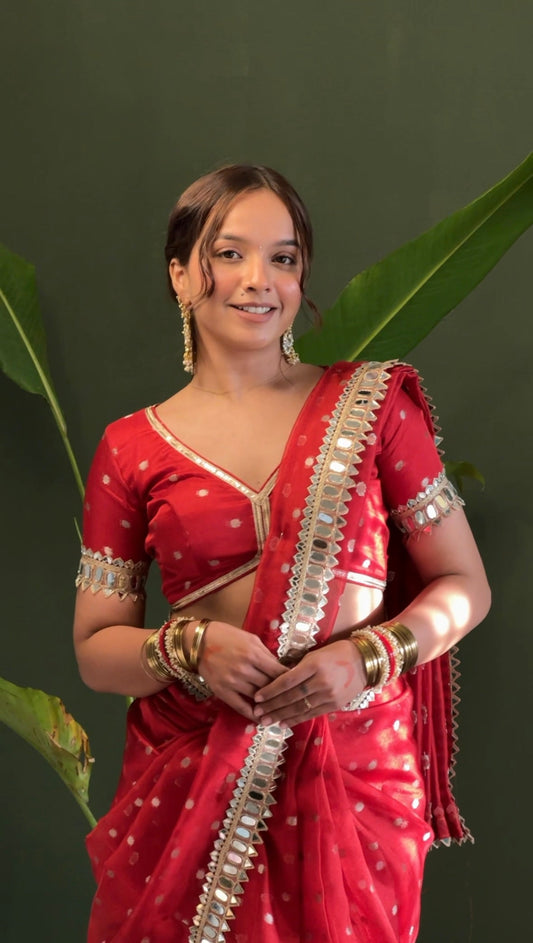 Dhiyona HH Varnika Red Banarasi Sundari Mirror Work Tissue Silk Saree