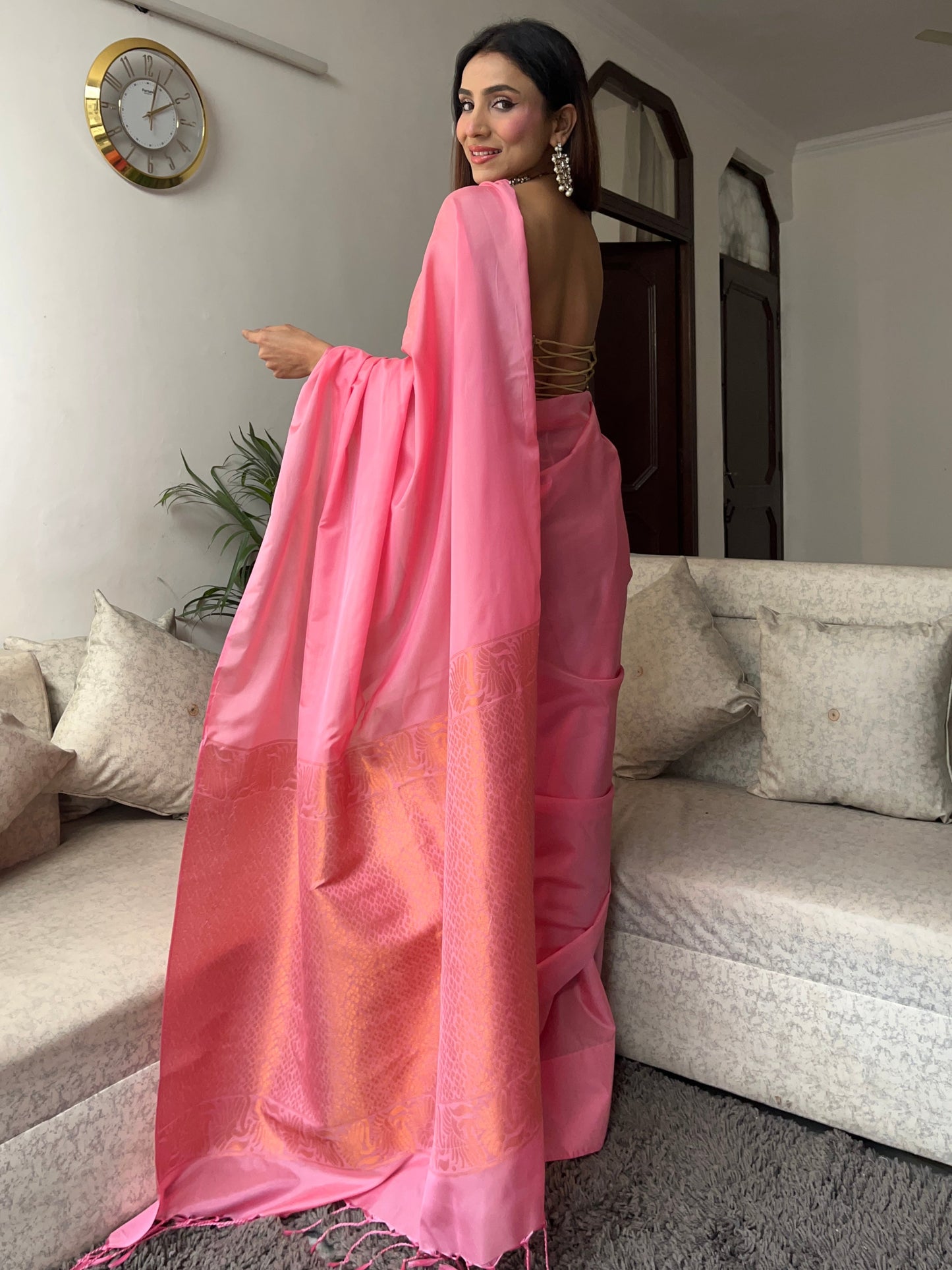 Dhiyona ST Pink Saree with Gold Woven Jacquard Pallu & Self Blouse Fabric