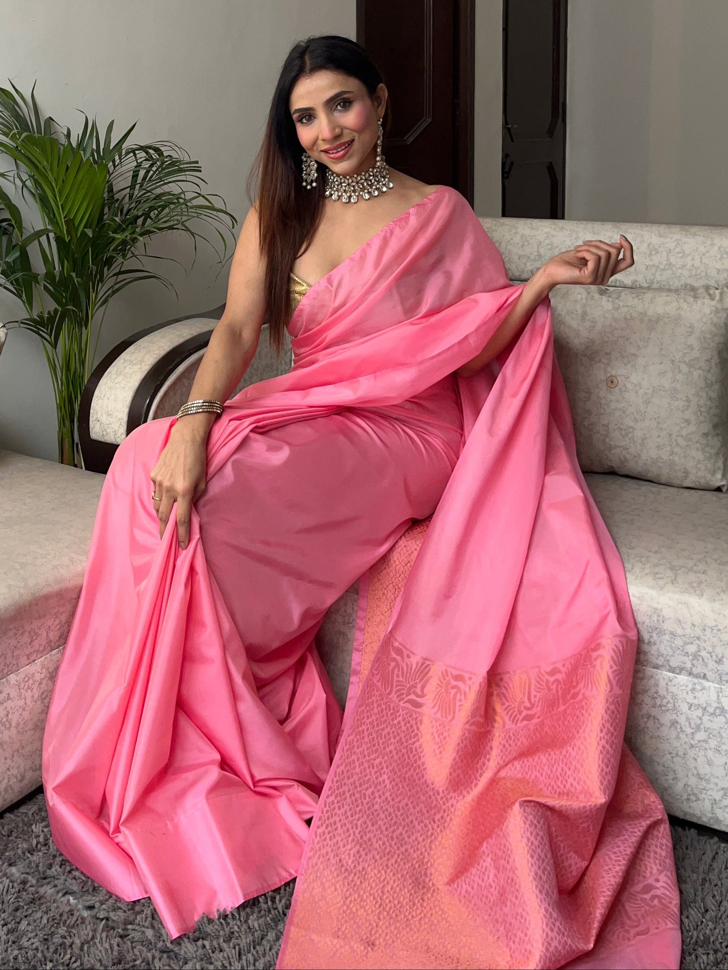 Dhiyona ST Pink Saree with Gold Woven Jacquard Pallu & Self Blouse Fabric