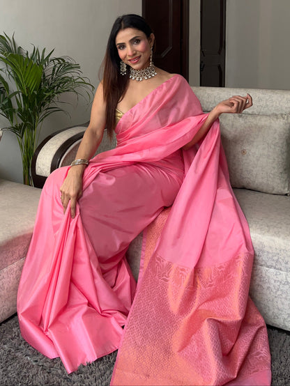 Dhiyona ST Pink Saree with Gold Woven Jacquard Pallu & Self Blouse Fabric