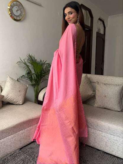 Dhiyona ST Pink Saree with Gold Woven Jacquard Pallu & Self Blouse Fabric