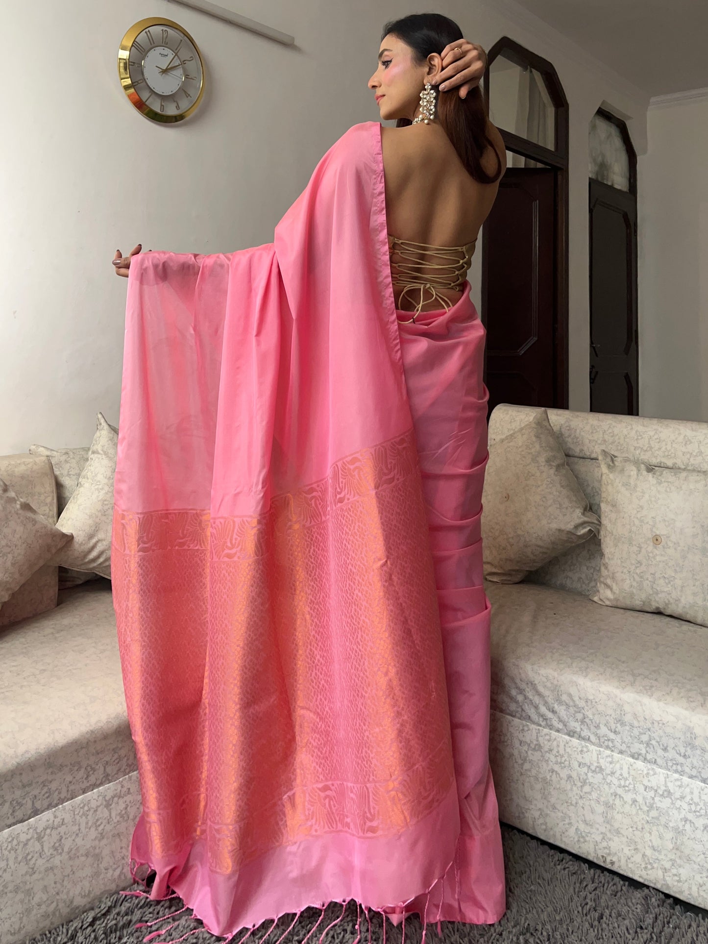 Dhiyona ST Pink Saree with Gold Woven Jacquard Pallu & Self Blouse Fabric