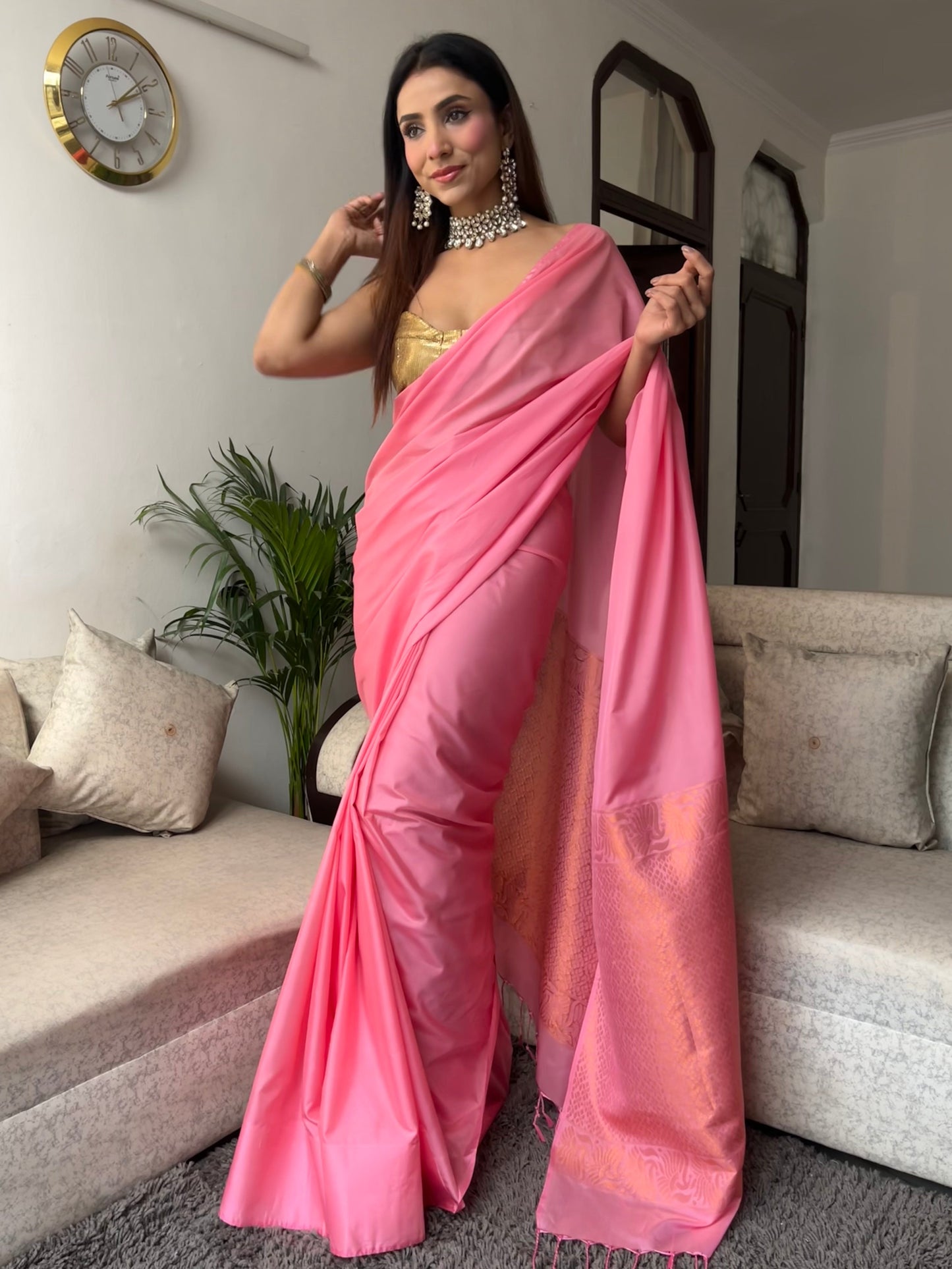 Dhiyona ST Pink Saree with Gold Woven Jacquard Pallu & Self Blouse Fabric