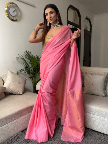 Dhiyona ST Pink Saree with Gold Woven Jacquard Pallu & Self Blouse Fabric