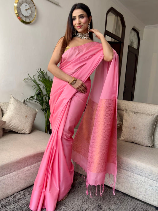 Dhiyona ST Pink Saree with Gold Woven Jacquard Pallu & Self Blouse Fabric