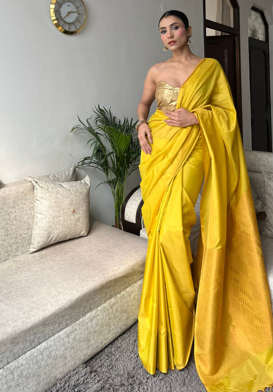 Dhiyona ST Yellow Saree with Gold Woven Jacquard Pallu & Self Blouse Fabric