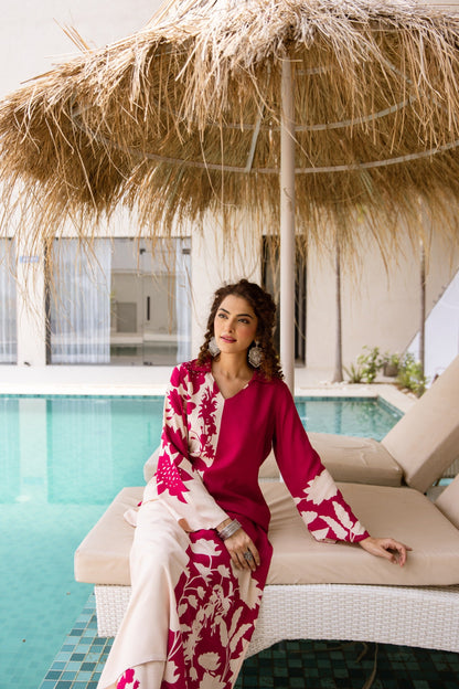 Kabool Fuchsia Bloom Printed Kurta pant set