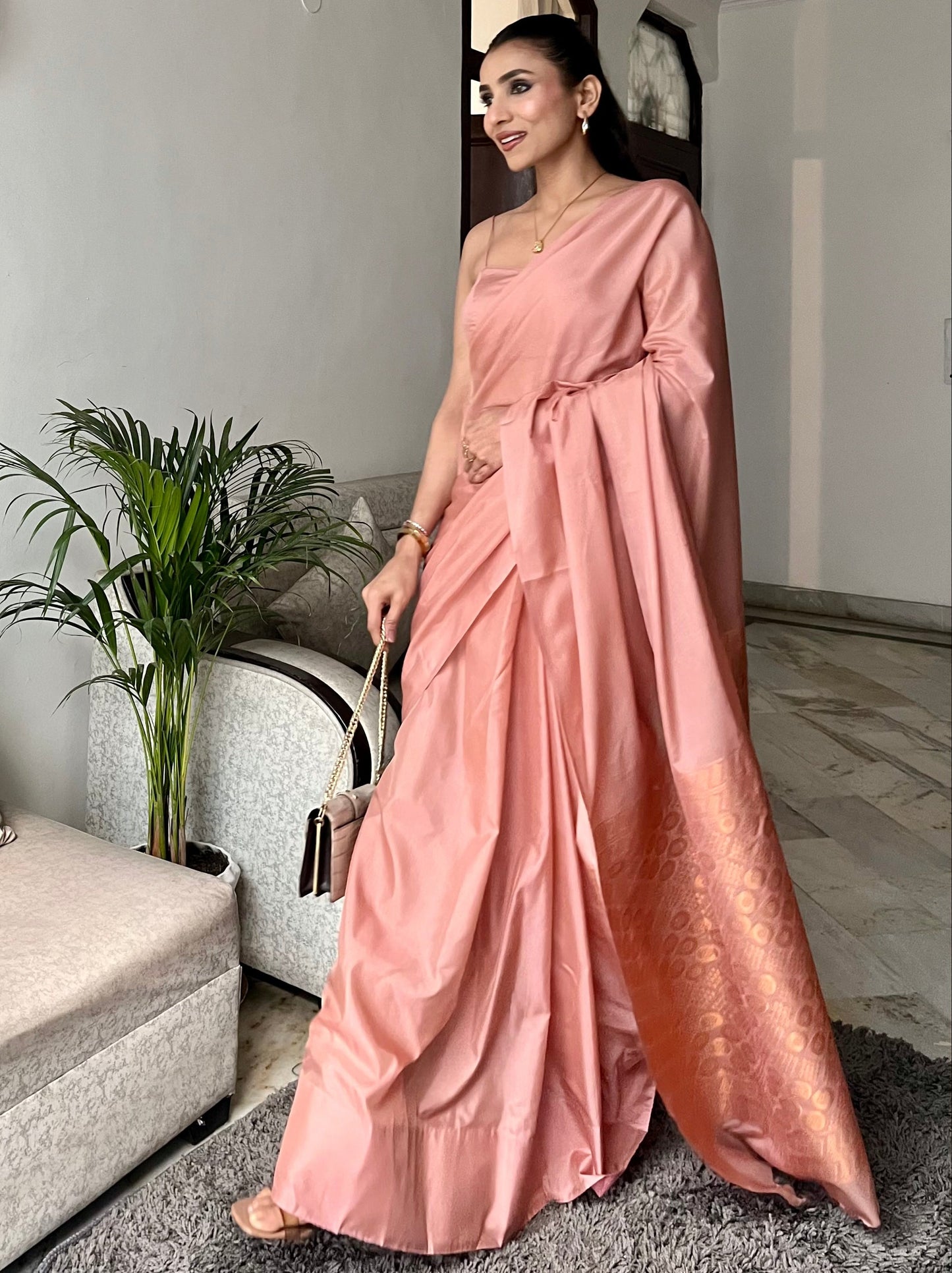 Dhiyona ST Biscuit Saree with Gold Woven Jacquard Pallu & Self Blouse Fabric