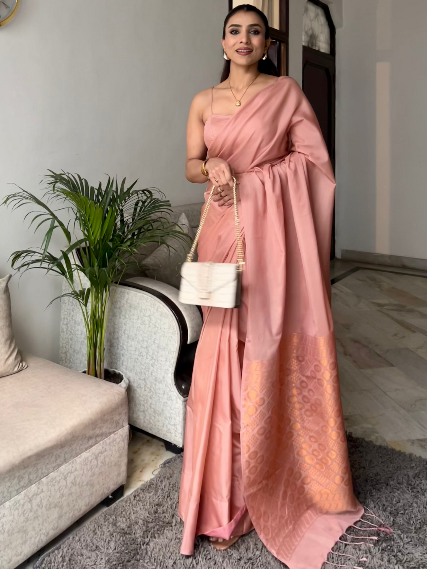 Dhiyona ST Biscuit Saree with Gold Woven Jacquard Pallu & Self Blouse Fabric