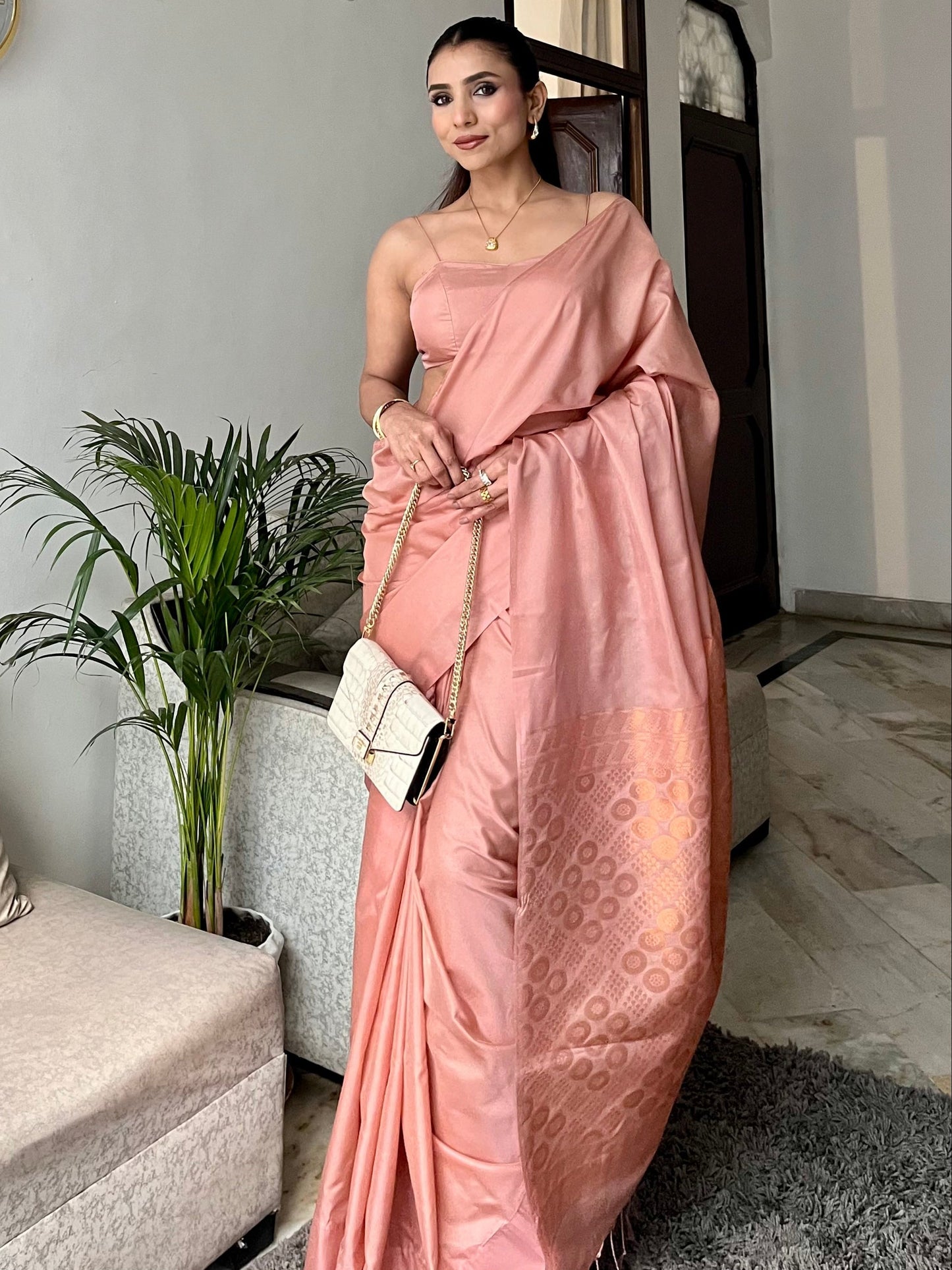 Dhiyona ST Biscuit Saree with Gold Woven Jacquard Pallu & Self Blouse Fabric