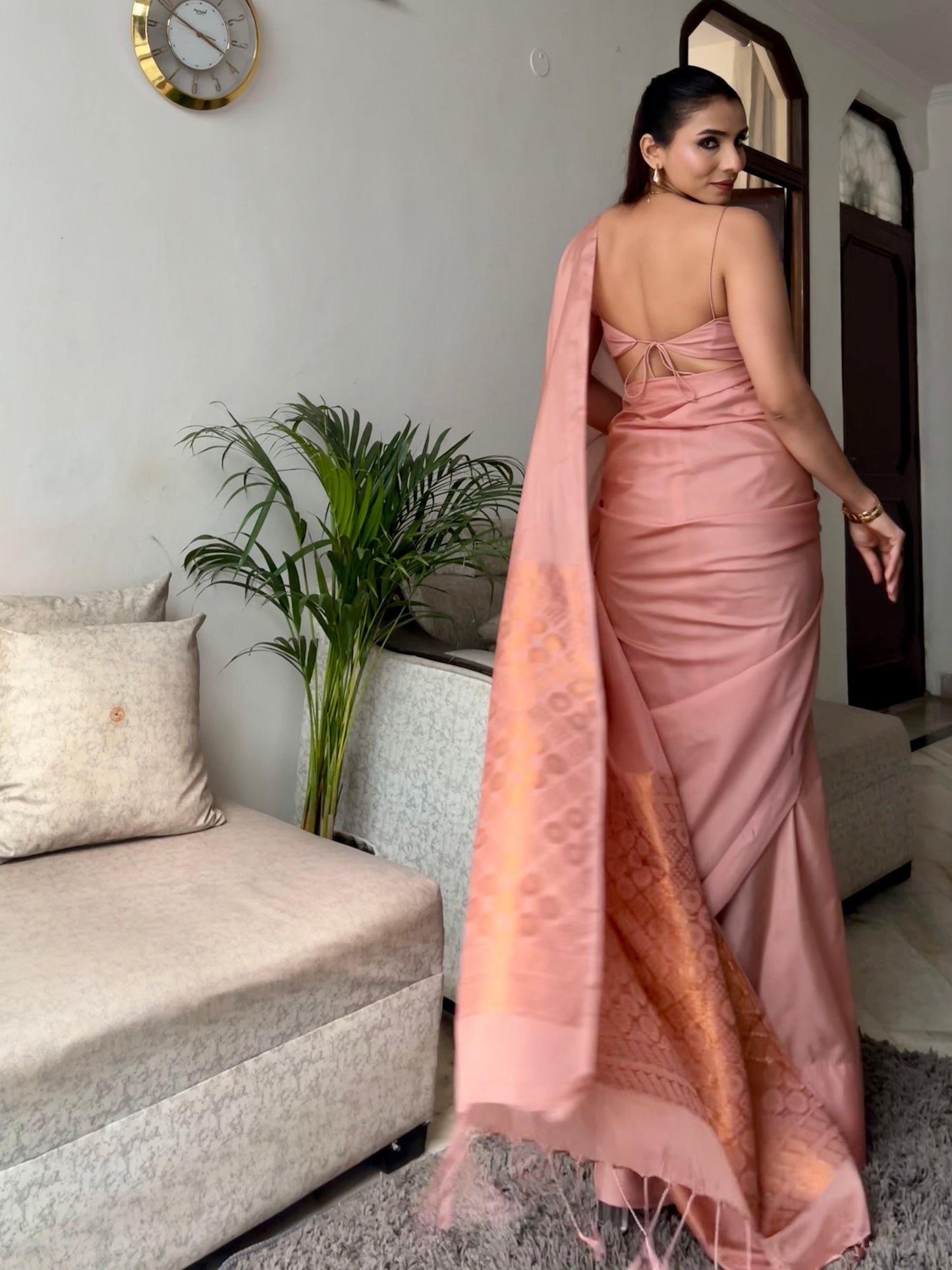 Dhiyona ST Biscuit Saree with Gold Woven Jacquard Pallu & Self Blouse Fabric