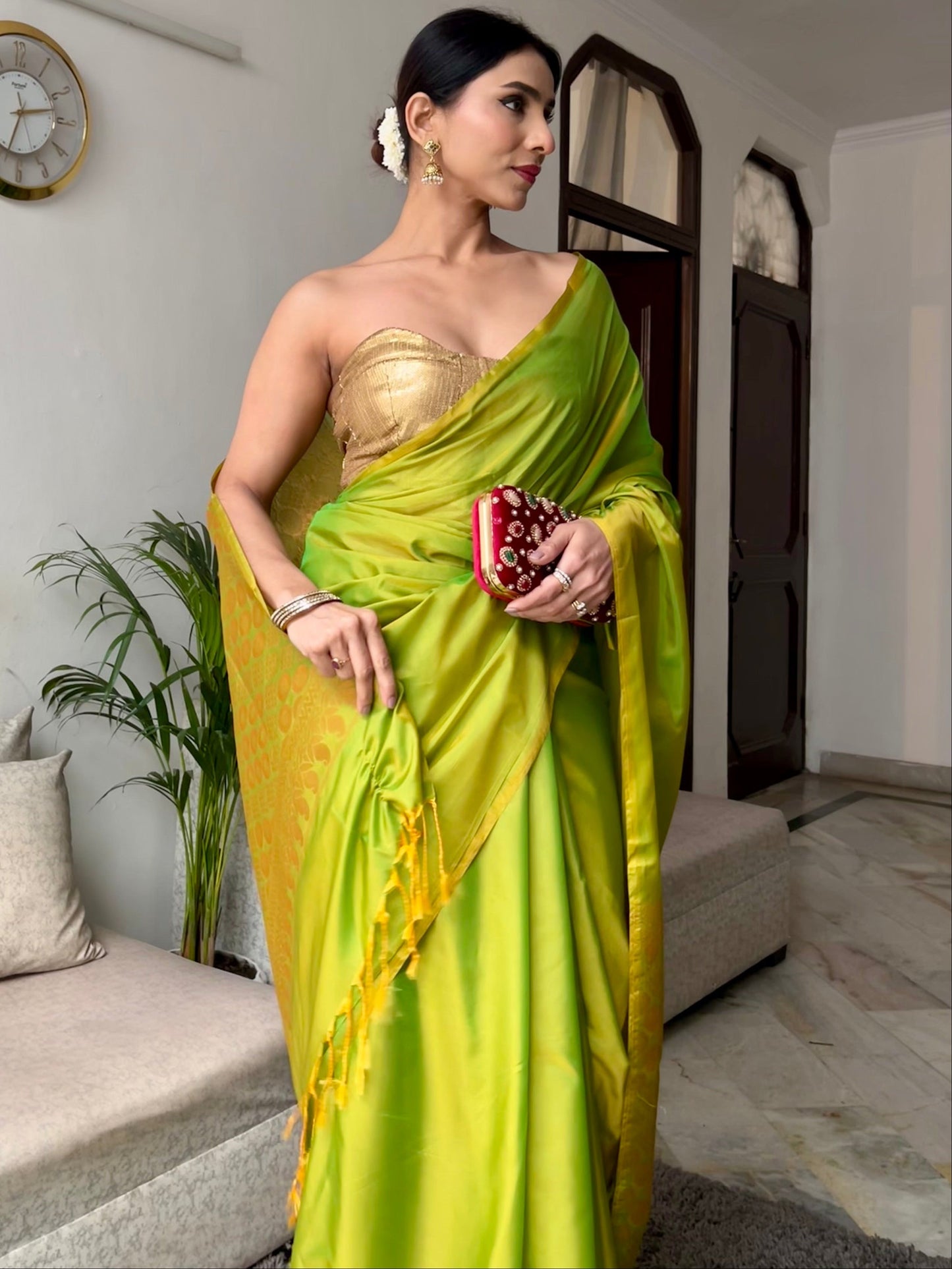 Dhiyona ST Lime Saree with Gold Woven Jacquard Pallu & Self Blouse Fabric