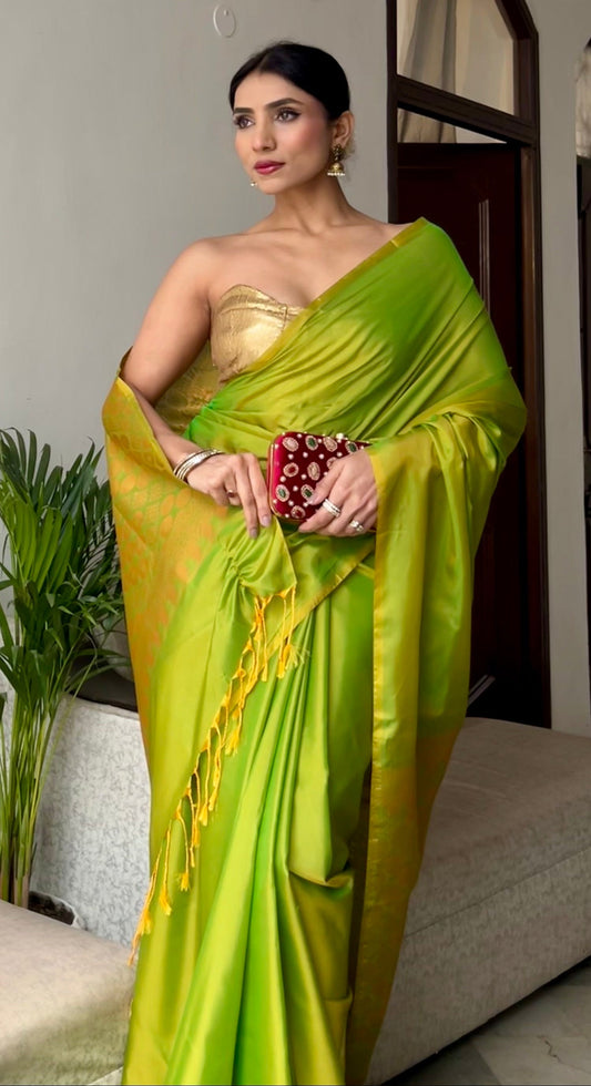 Dhiyona ST Lime Saree with Gold Woven Jacquard Pallu & Self Blouse Fabric
