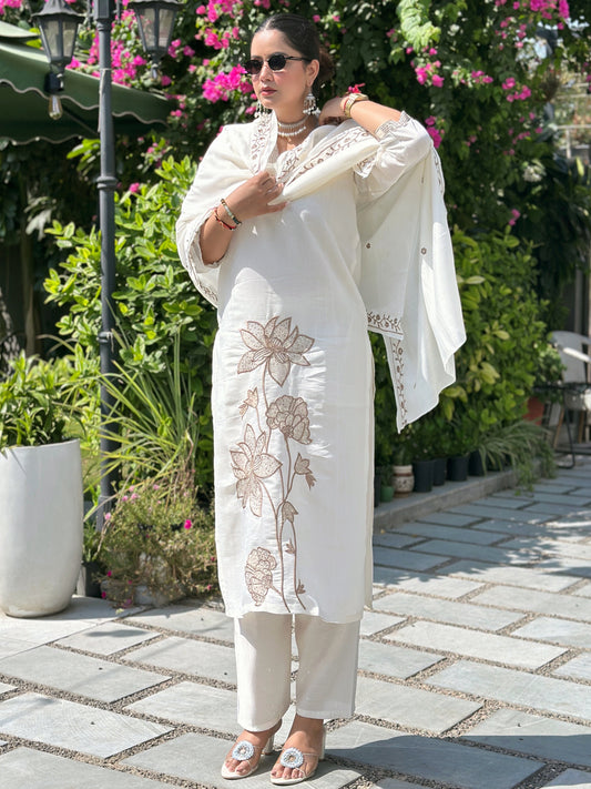 Dhiyona VV Vira White Kurta and Pant Dupatta Sets Silk Blend Fabrics with Embroidery
