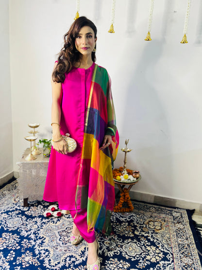 Dhiyona ST 3 Pc Suit Set - Fuschia Lux Sleeveless Suit  with Multicolor Dupatta