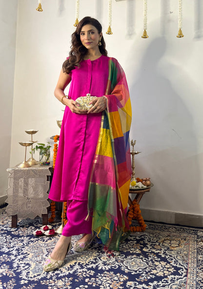 Dhiyona ST 3 Pc Suit Set - Fuschia Lux Sleeveless Suit  with Multicolor Dupatta