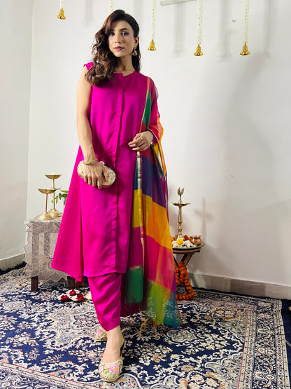 Dhiyona ST 3 Pc Suit Set - Fuschia Lux Sleeveless Suit  with Multicolor Dupatta