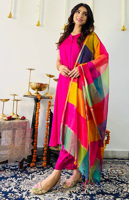 Dhiyona ST 3 Pc Suit Set - Fuschia Lux Sleeveless Suit  with Multicolor Dupatta