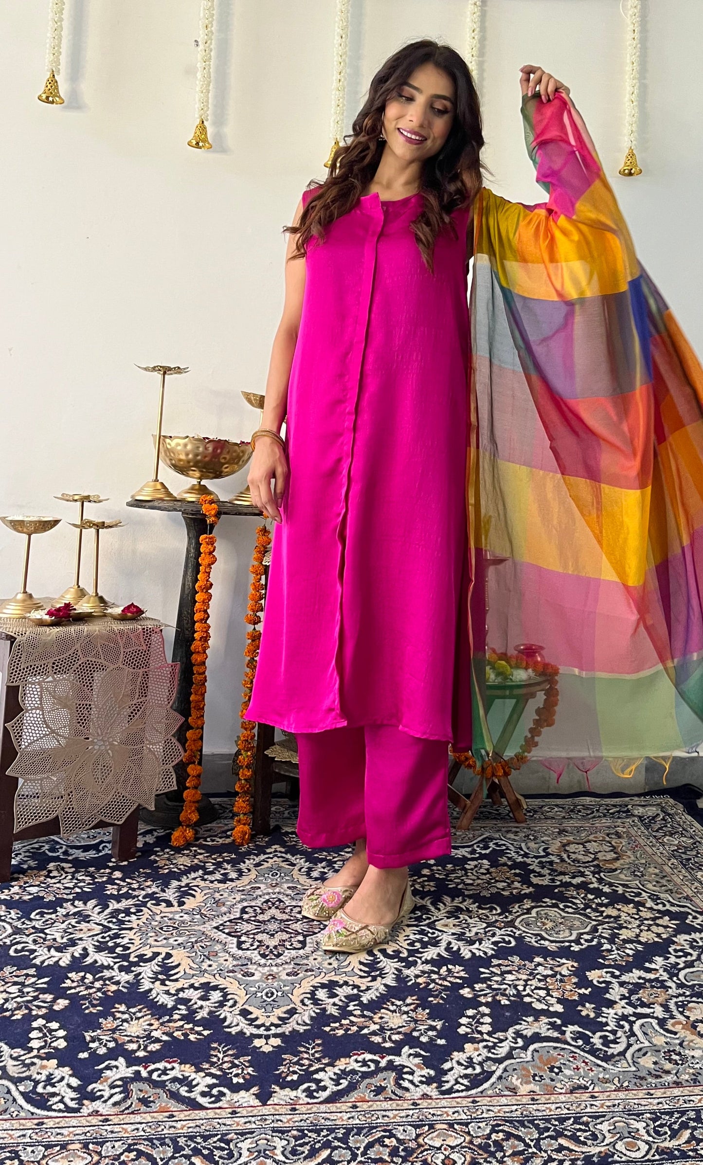 Dhiyona ST 3 Pc Suit Set - Fuschia Lux Sleeveless Suit  with Multicolor Dupatta