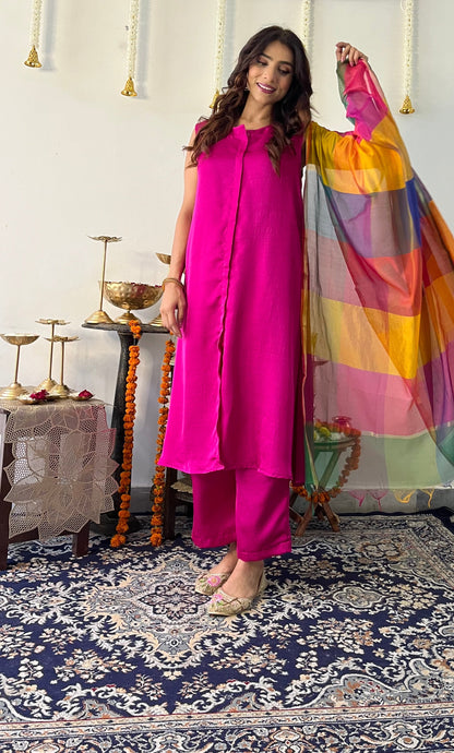 Dhiyona ST 3 Pc Suit Set - Fuschia Lux Sleeveless Suit  with Multicolor Dupatta