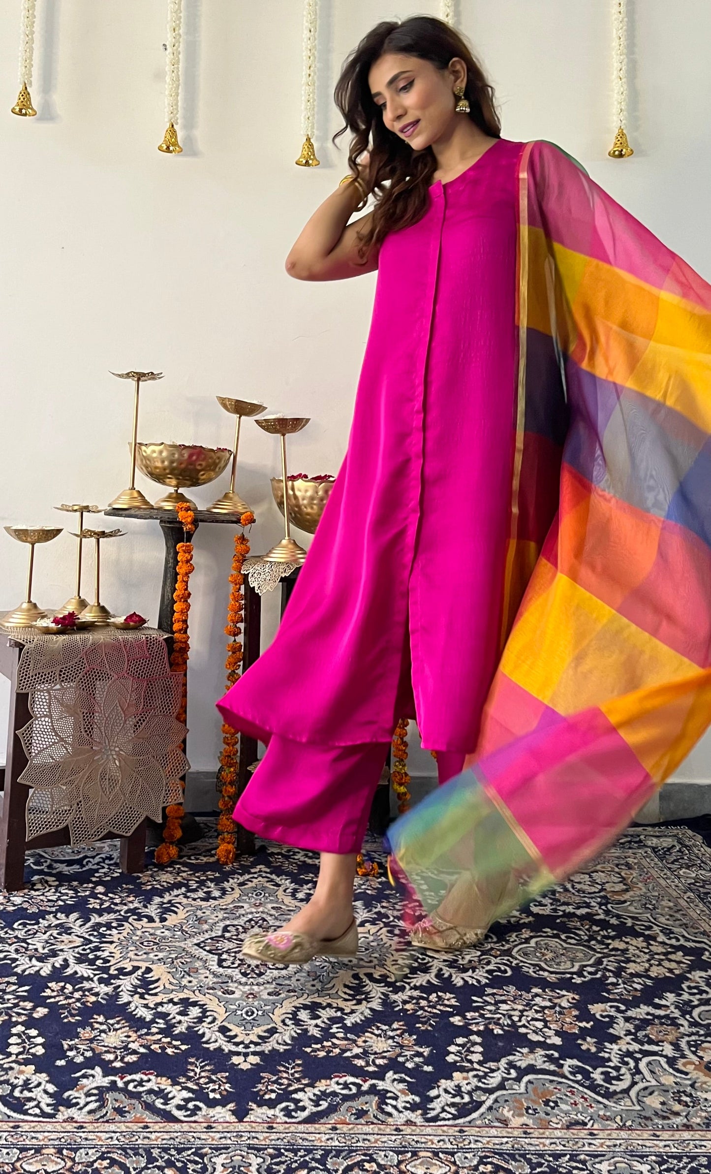 Dhiyona ST 3 Pc Suit Set - Fuschia Lux Sleeveless Suit  with Multicolor Dupatta