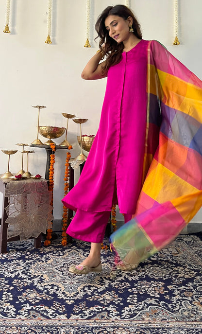 Dhiyona ST 3 Pc Suit Set - Fuschia Lux Sleeveless Suit  with Multicolor Dupatta