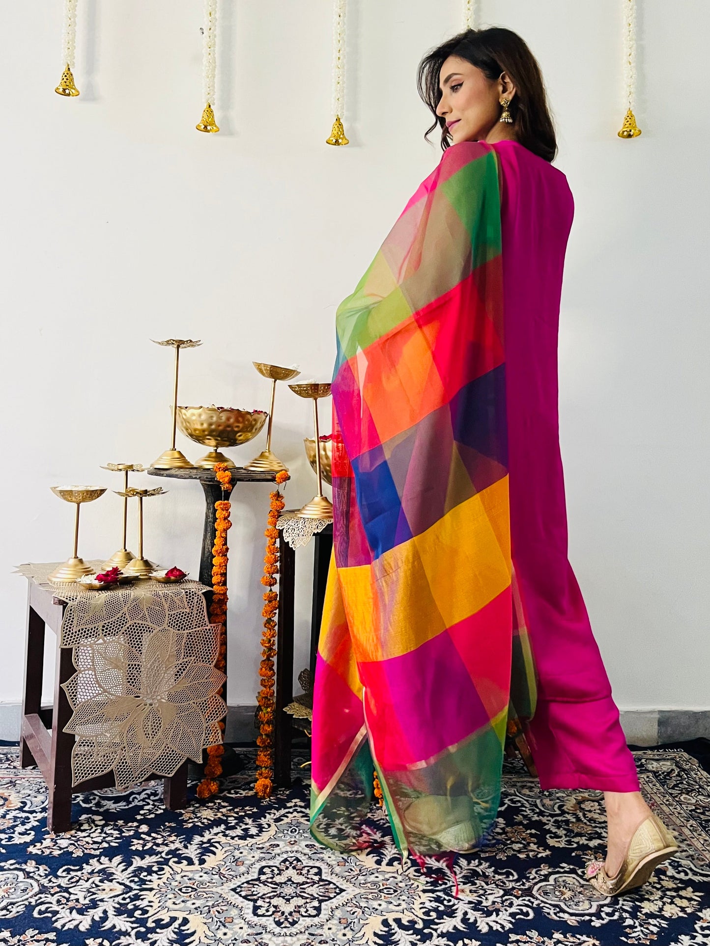 Dhiyona ST 3 Pc Suit Set - Fuschia Lux Sleeveless Suit  with Multicolor Dupatta