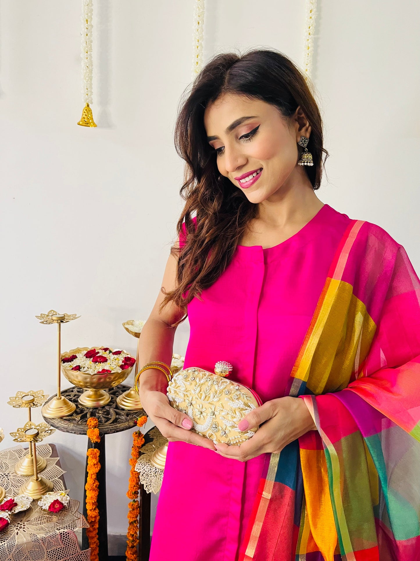 Dhiyona ST 3 Pc Suit Set - Fuschia Lux Sleeveless Suit  with Multicolor Dupatta