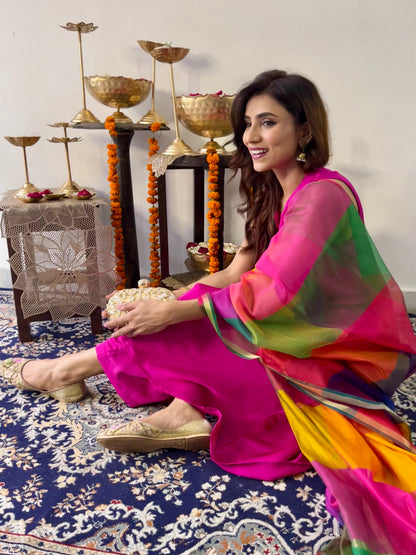 Dhiyona ST 3 Pc Suit Set - Fuschia Lux Sleeveless Suit  with Multicolor Dupatta