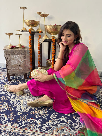 Dhiyona ST 3 Pc Suit Set - Fuschia Lux Sleeveless Suit  with Multicolor Dupatta