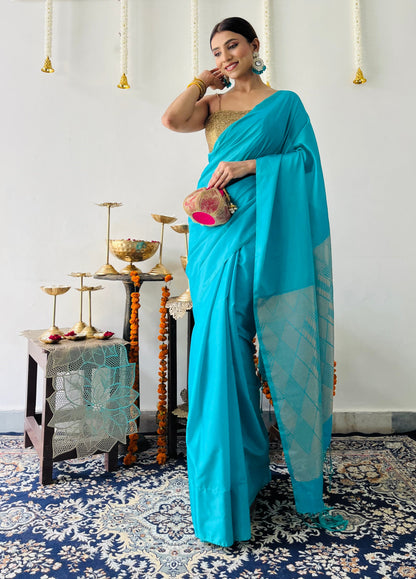 Dhiyona ST Elegant Blue Saree with Gold Woven Jacquard Pallu & Self Blouse Fabric