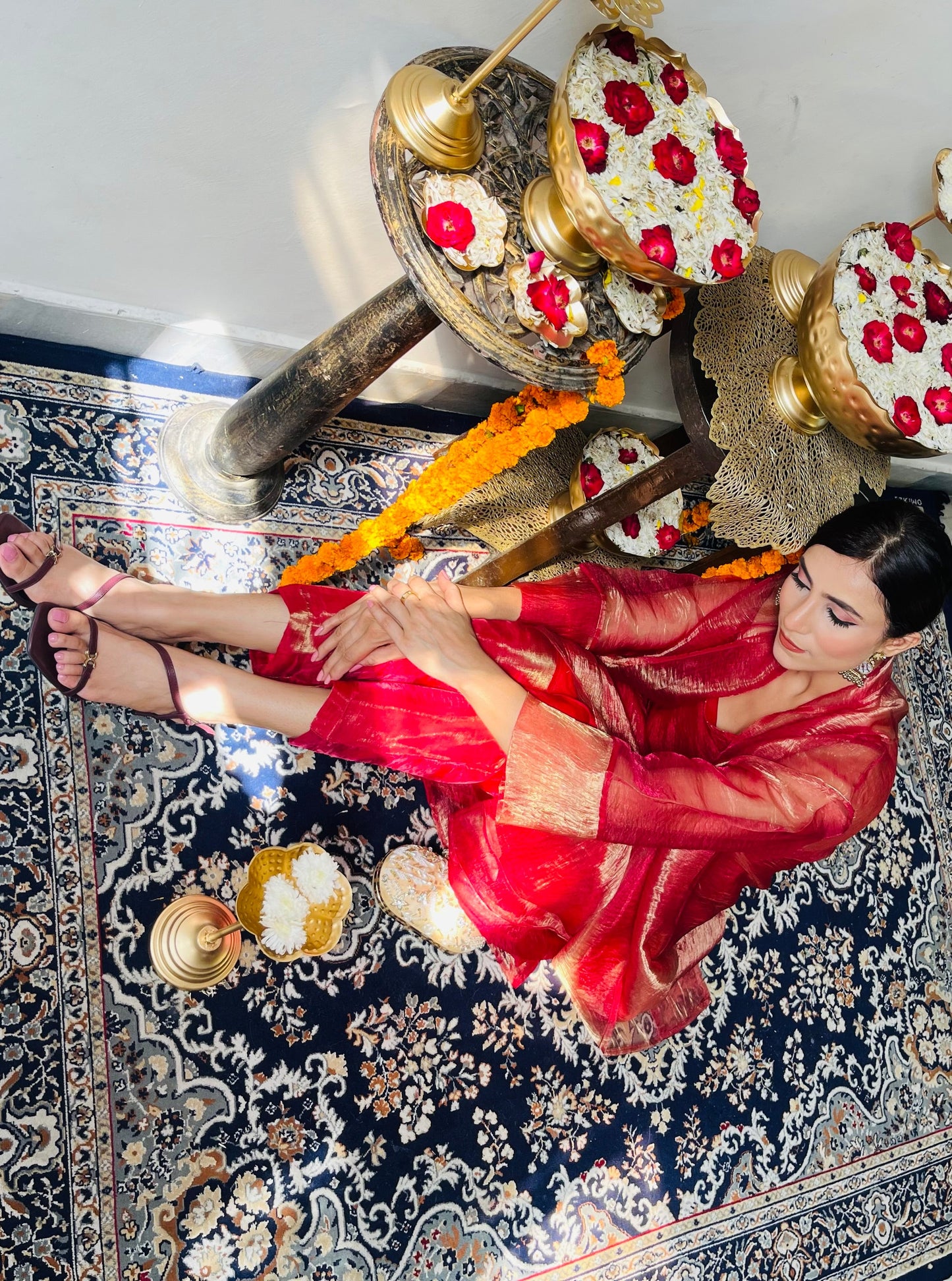 Dhiyona ST 3 Pc Suit Set - Red Metallic Organza Suit Set with Jacket