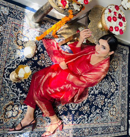 Dhiyona ST 3 Pc Suit Set - Red Metallic Organza Suit Set with Jacket