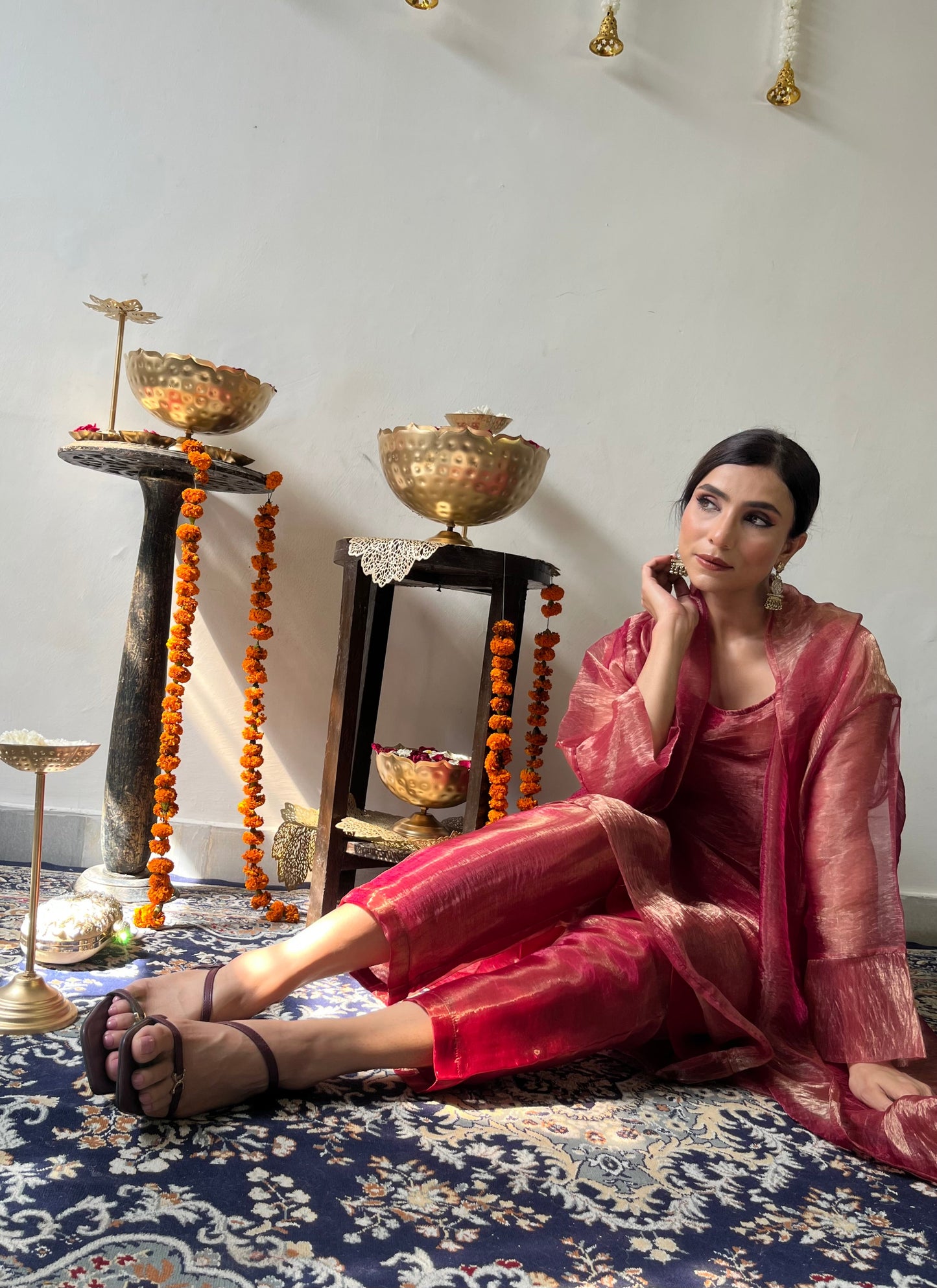 Dhiyona ST 3 Pc Suit Set - Red Metallic Organza Suit Set with Jacket