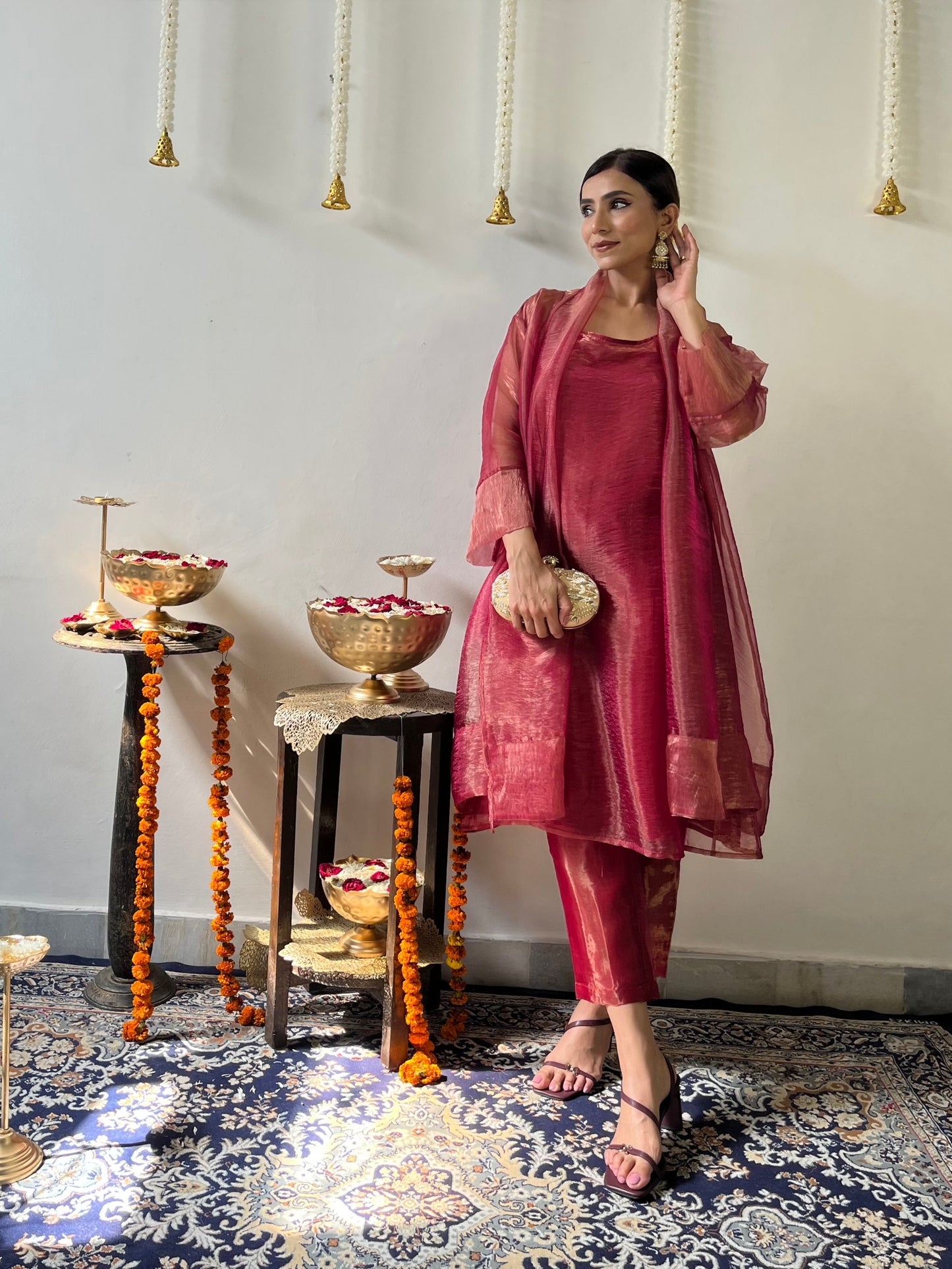 Dhiyona ST 3 Pc Suit Set - Red Metallic Organza Suit Set with Jacket