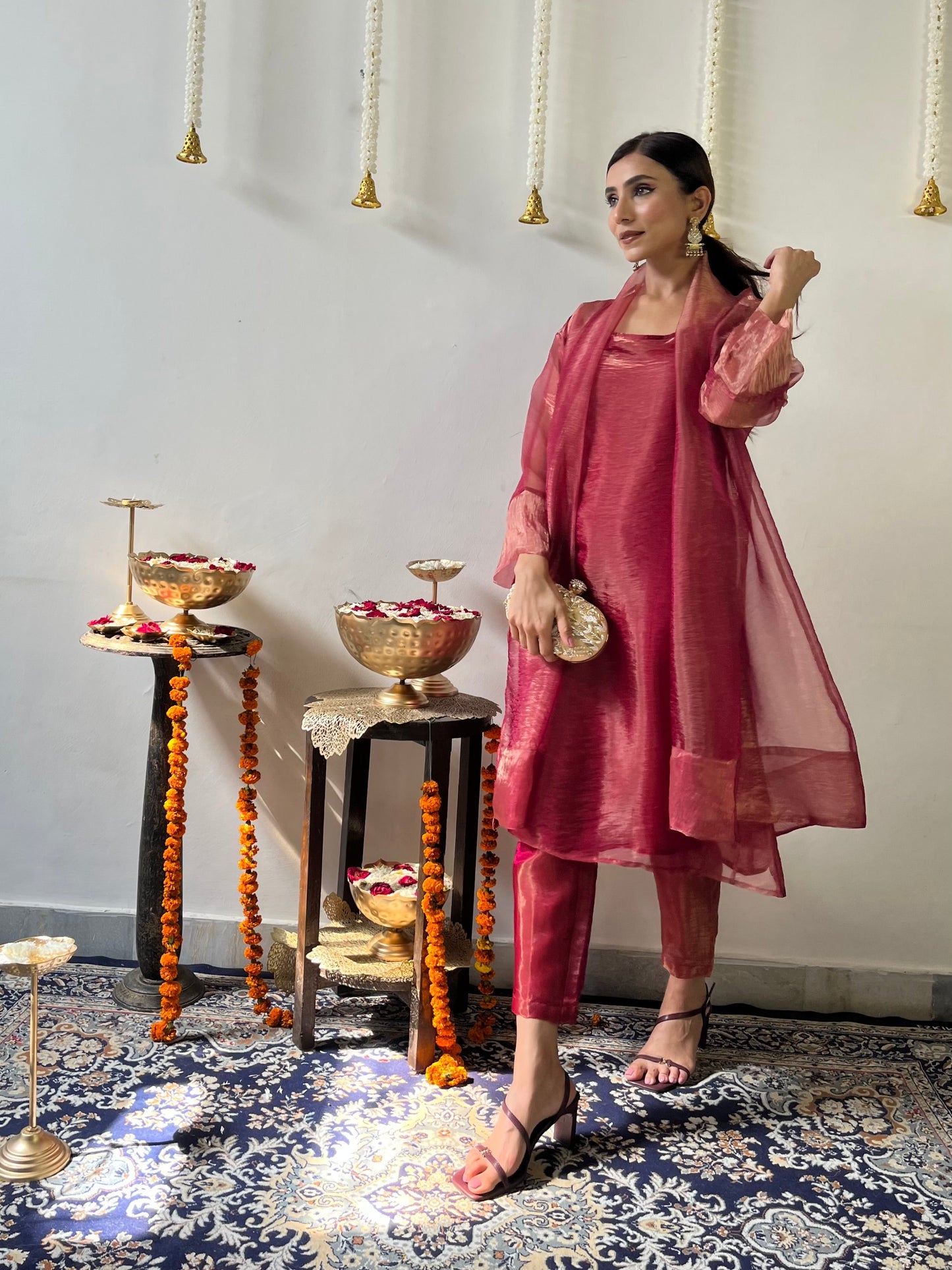 Dhiyona ST 3 Pc Suit Set - Red Metallic Organza Suit Set with Jacket