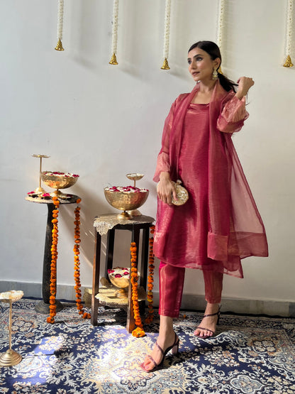 Dhiyona ST 3 Pc Suit Set - Red Metallic Organza Suit Set with Jacket